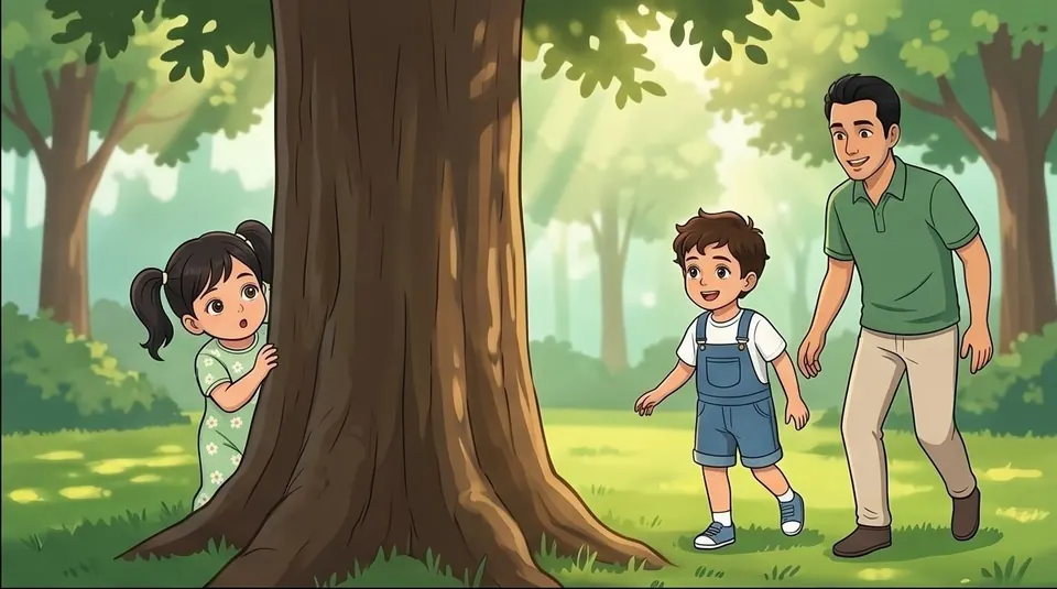 Illustration of a father and two children exploring a leafy forest together